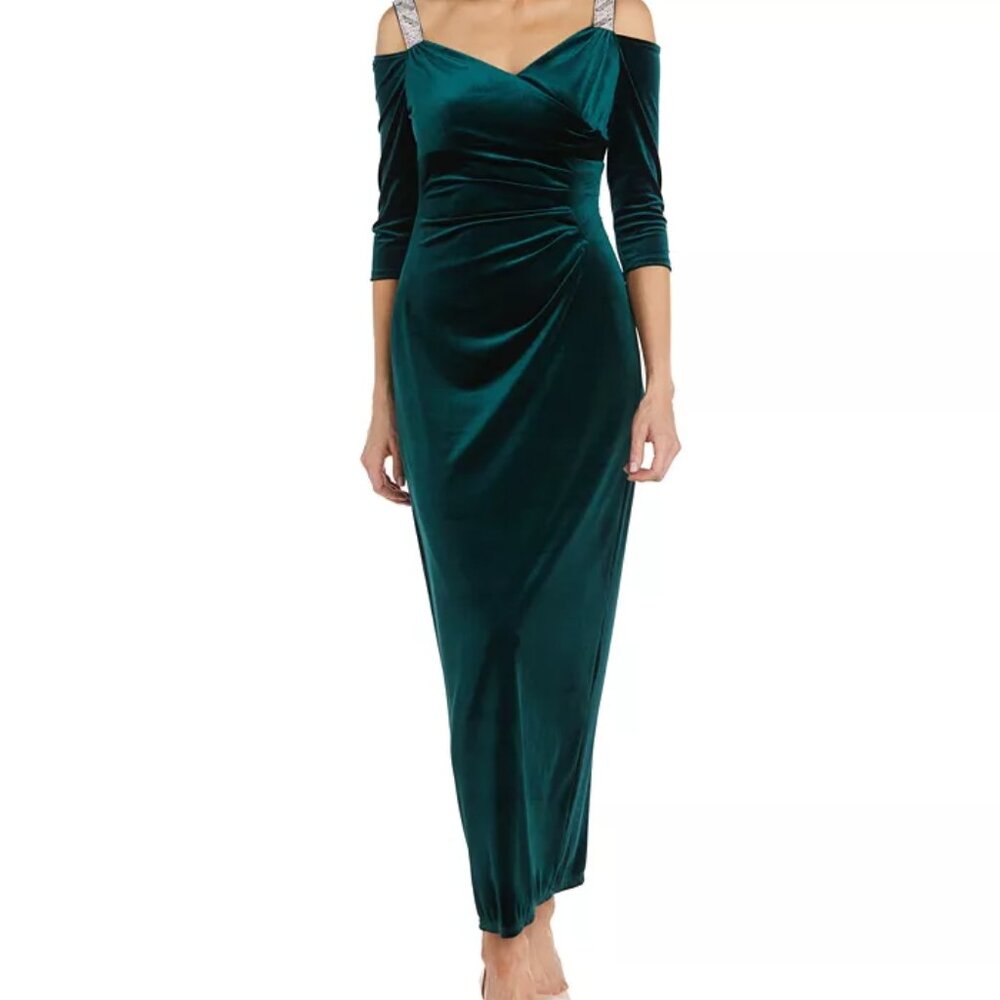 NWT R&M Richards Womens Hunter Green Velvet Cold Shoulder Sparkle Gown SIZE 16